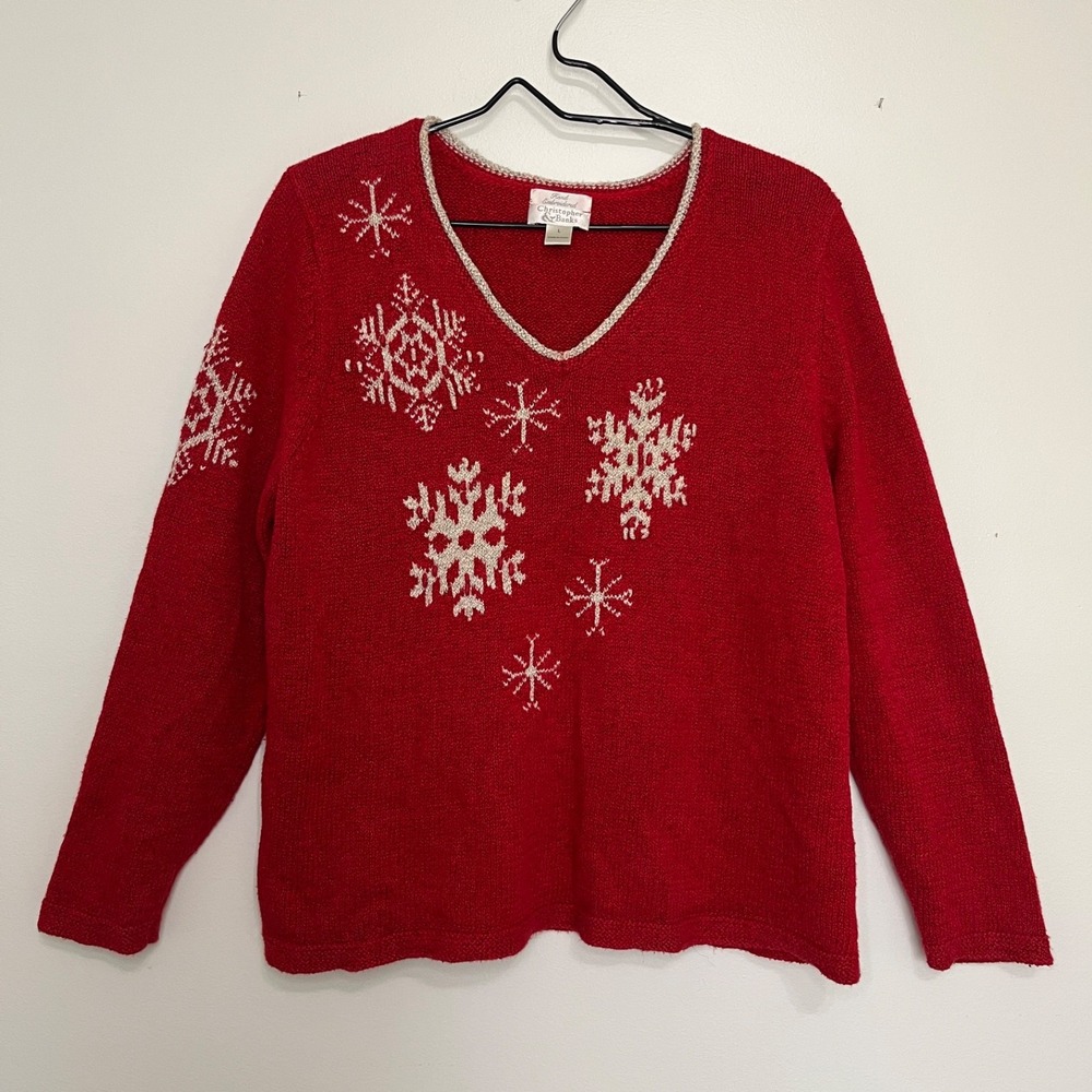 Vintage Christopher & Banks Christmas Sweater Hand Embroidered Snowflake Holiday